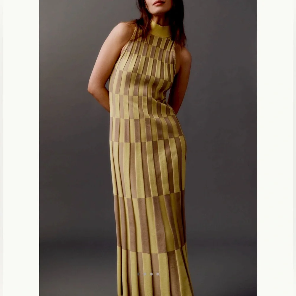 Anthropologie Sleeveless Mock-Neck Column Sleeveless Midi Dress Yellow Brown New